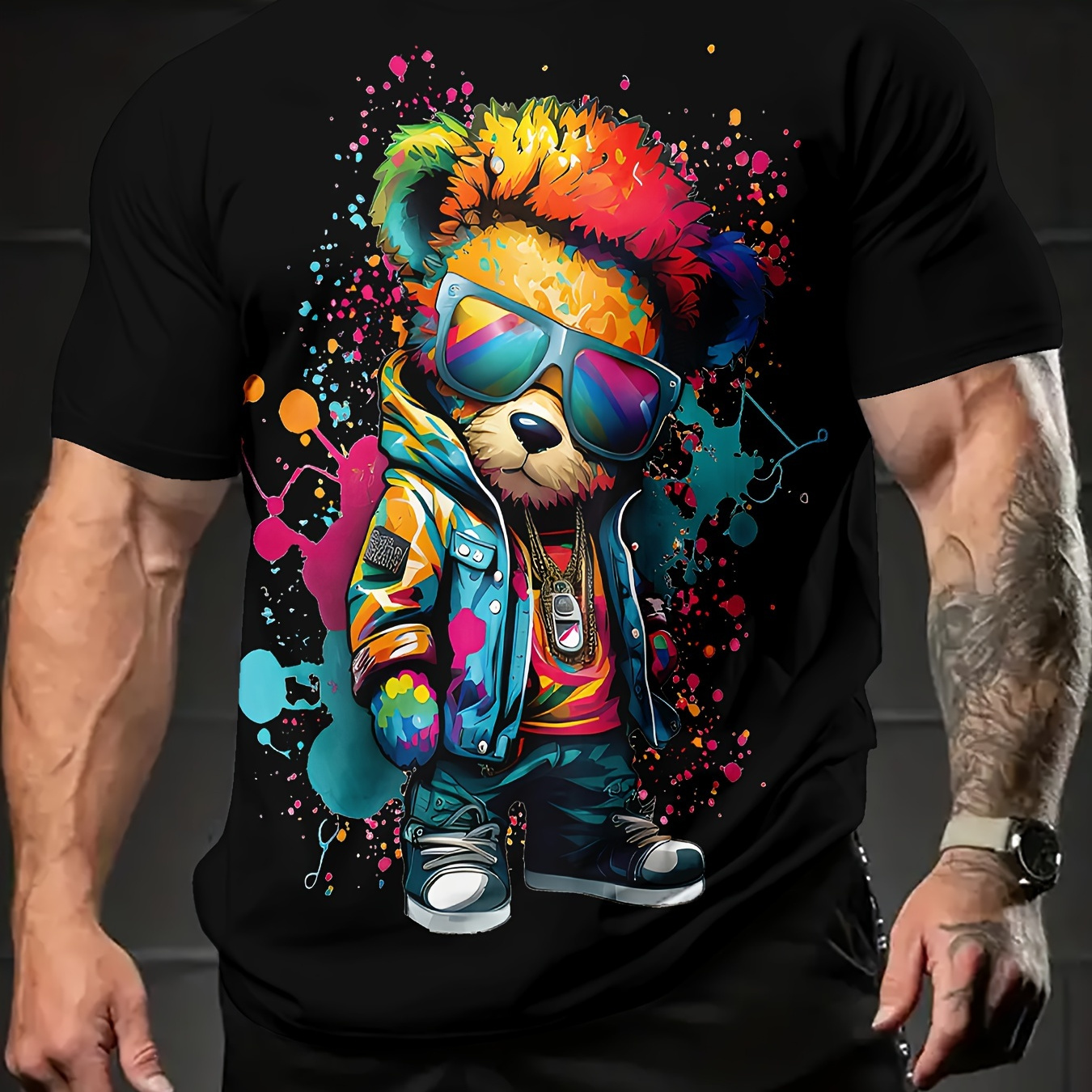 

Men's Vibrant Graffiti Bear Graphic Tee - Casual Black Short-sleeve Crewneck T-shirt With , Polyester, Machine Washable For Summer Outdoor Fun