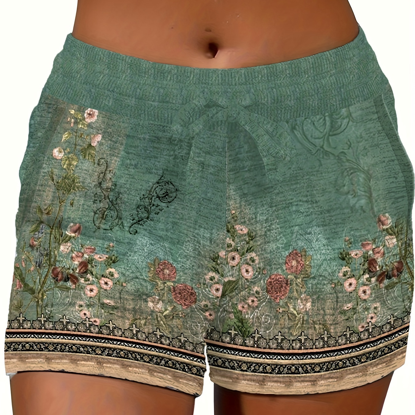 

Floral Print Drawstring Waist Elastic Shorts, Y2k High Stretch Yoga Shorts For Summer, Women's Clothing