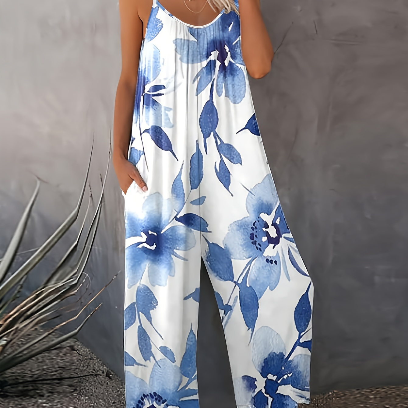 

Floral Print Spaghetti Strap Jumpsuit, Vacation Sleeveless Wide Leg Jumpsuit For Spring & Summer, Women's Clothing