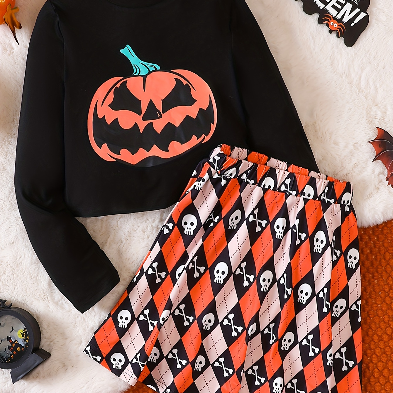 

Girls 2pc, Pumpkin Graphic Top + Diamond Skull Pattern Skirt, Comfy & Cute Outfits For Party Halloween