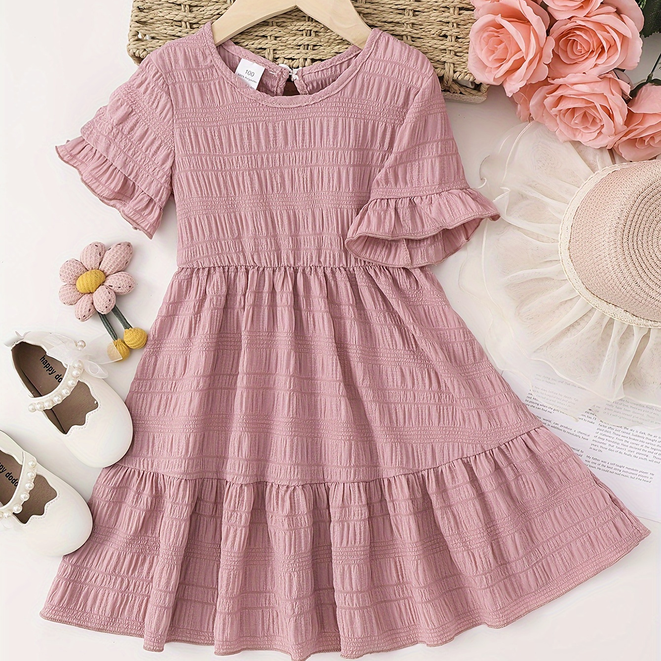 

Casual Solid Textured A-line Dress For Girls, Summer Going Out Holiday Dresses, Gift Idea