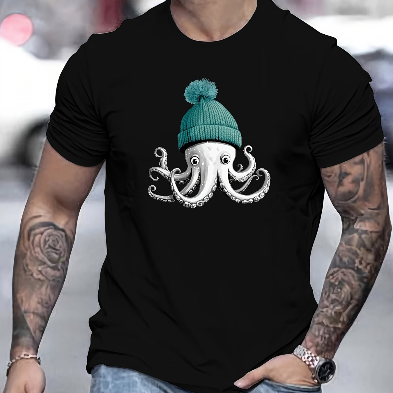 

Octopus Print, Men's Round Crew Neck Short Sleeve, Simple Style Tee Fashion Regular Fit T-shirt, Casual Comfy Top For Spring Summer Holiday Leisure Vacation Men's Clothing As Gift