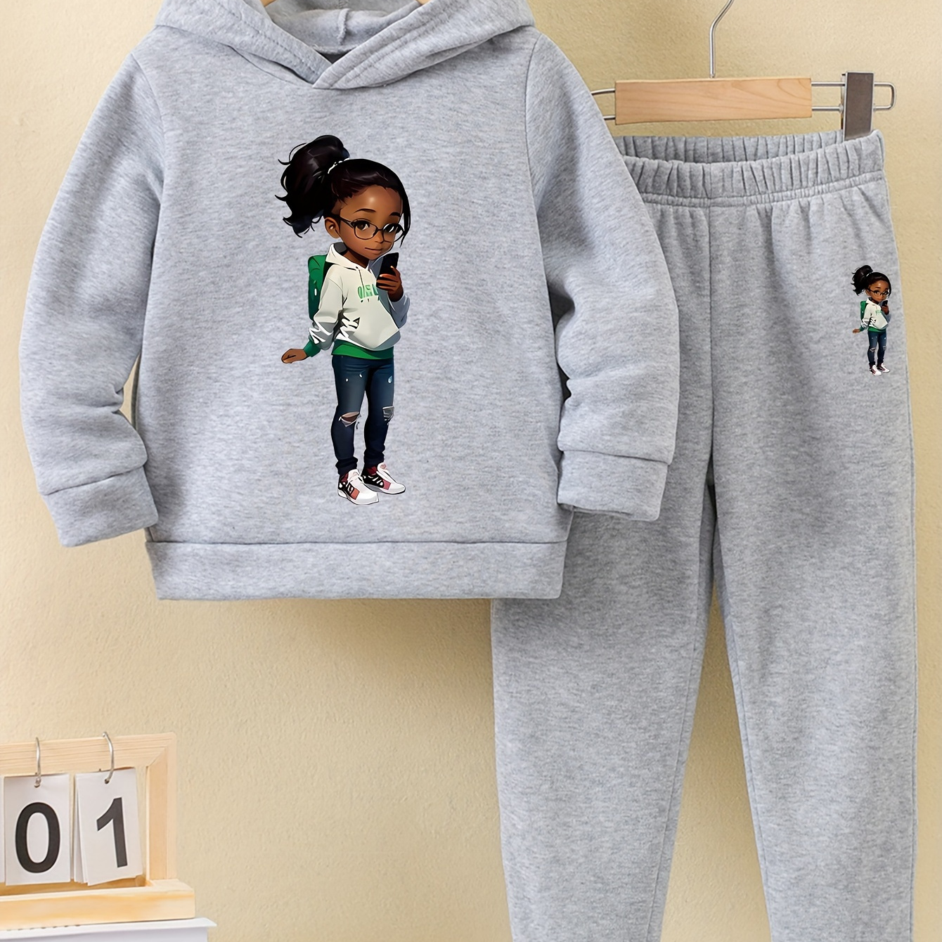 

2pcs Girl's Fashion Outfit, Print Long Sleeve Hoodies & Elastic Waist Trouser Set, Thickened Warm, Casual Comfortable Spring And Autumn Clothes For Daily Wear And Outdoor Sports