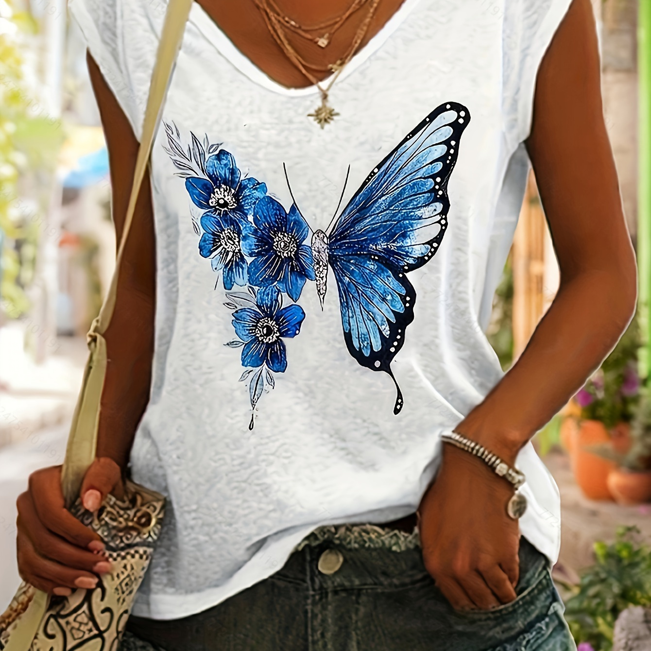 

T-shirt à imprimé papillon grande taille, top décontracté à manches chauve-souris pour le printemps et l'été, vêtements grande taille pour femmes