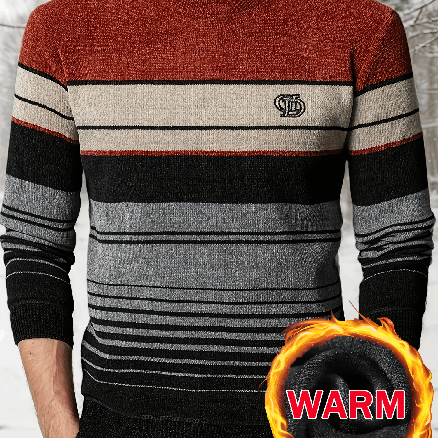 

Men's Casual Striped Chenille Pullover Sweater With Embroidered , Polyester Crew Neck Regular With Long Sleeves And Stretch, Fall/winter