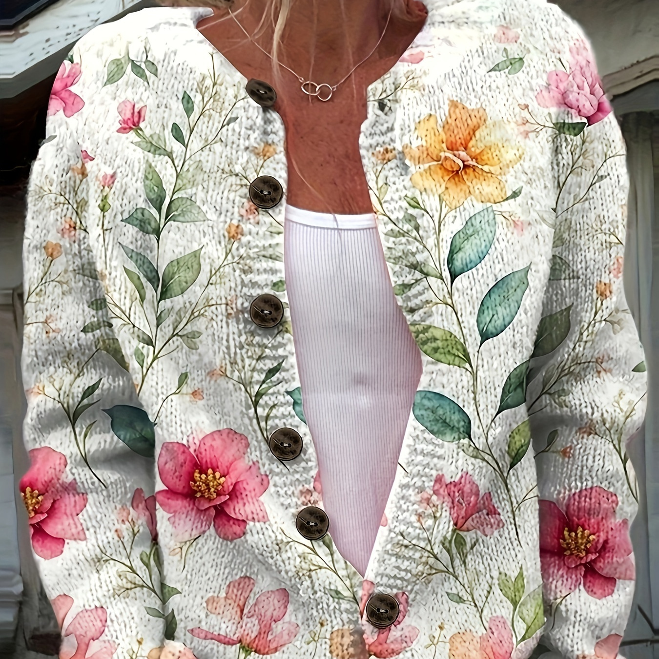 

Build | Women's Floral Print Lightweight Cardigan - Vibrant 3d , Polyester Knit With Button , Round Neck, Long Sleeves