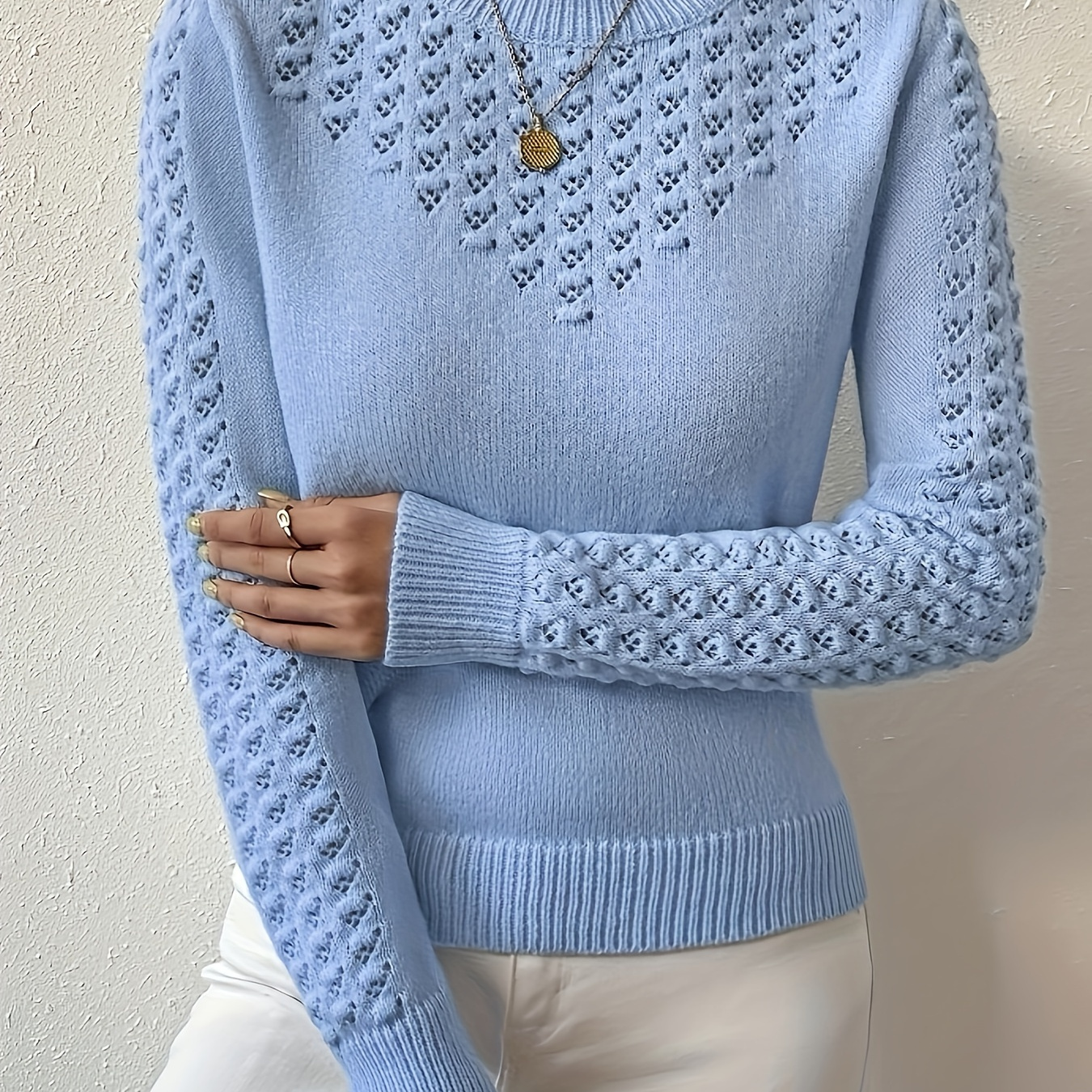 

Elegant Hollow-out Knit Pullover Sweater For Women - 100% Polyester Crew Neck Solid Color Sweater With Knit Fabric Detailing - Spring/summer/fall