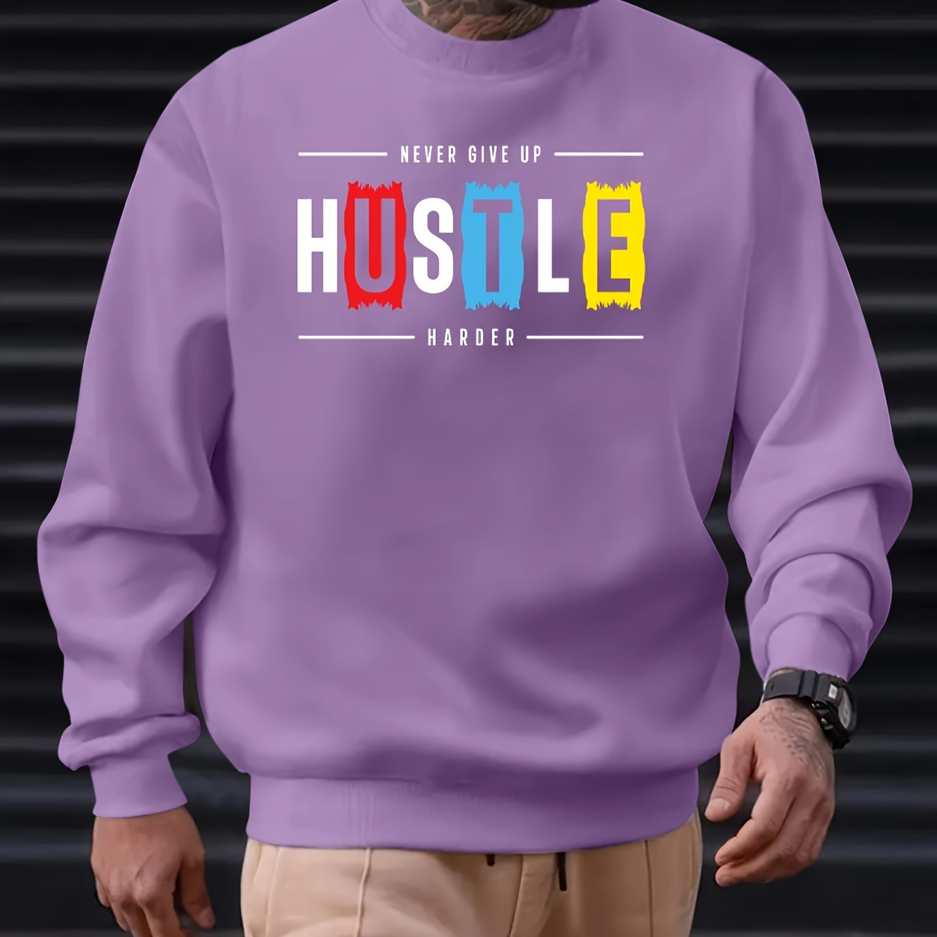 

Hustle Print Men's Pullover Round Neck Long Sleeve Sweatshirt Pattern Loose Casual Top For Autumn Winter Men's Clothing As Gifts