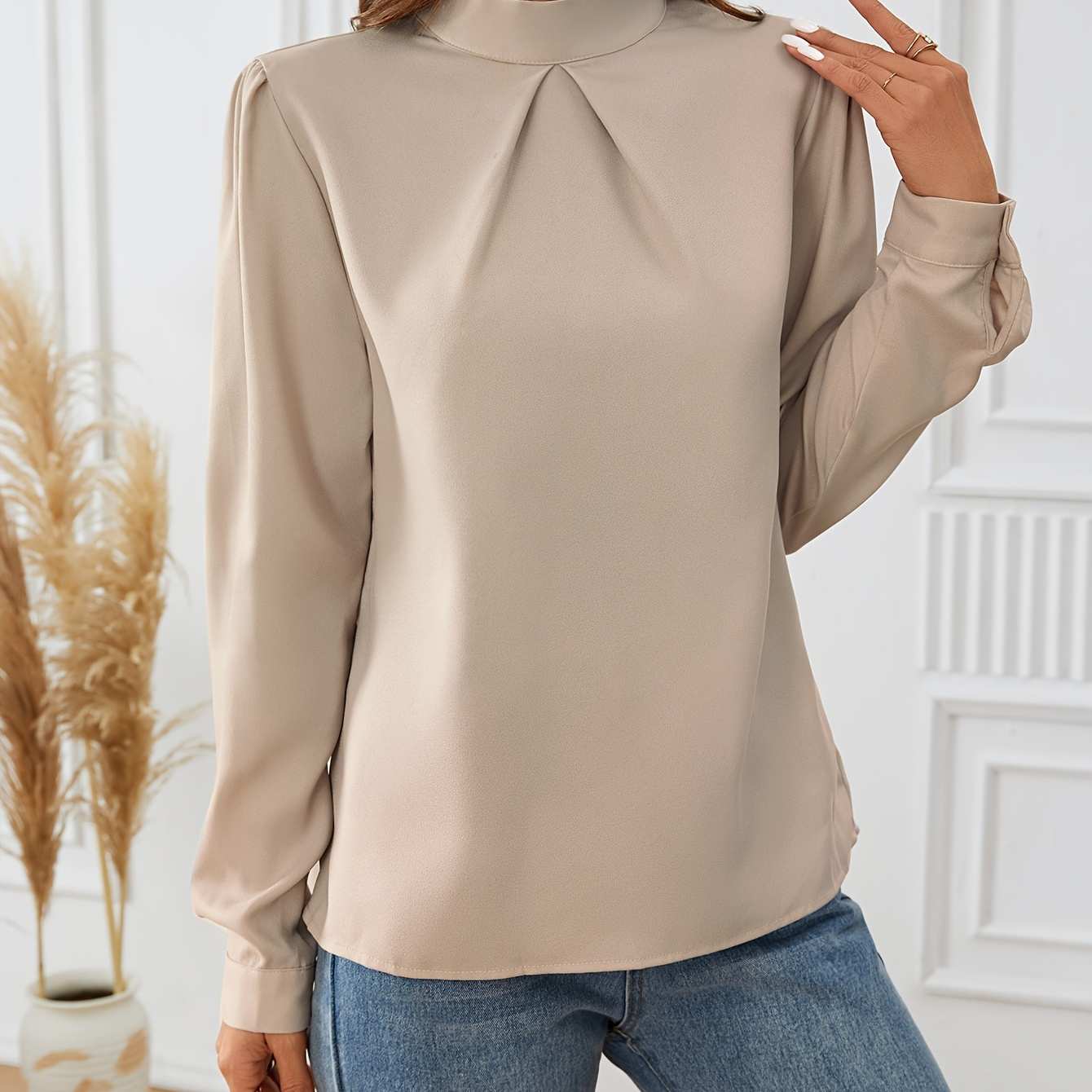 

Solid Ruched Blouse, Casual Mock Neck Long Sleeve Keyhole Blouse, Women's Clothing