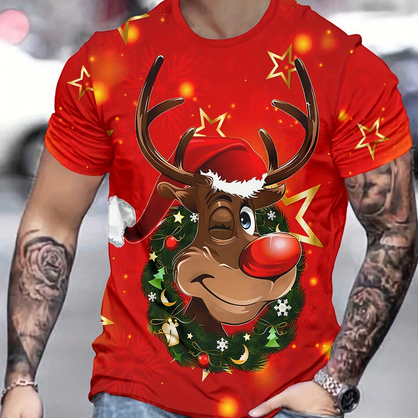 

Men's Cartoon Christmas Reindeer Print Short Sleeve Crew Neck T-shirt, Casual As Gift