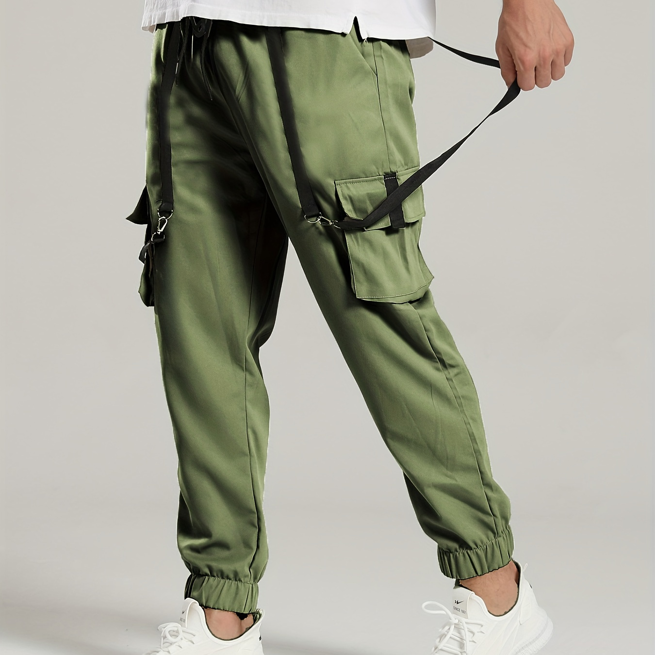 

Plus Size Men's Colorblock Cargo Pants, Casual Drawstring Waist Sporty Pants With Pockets, For Outdoor Activities