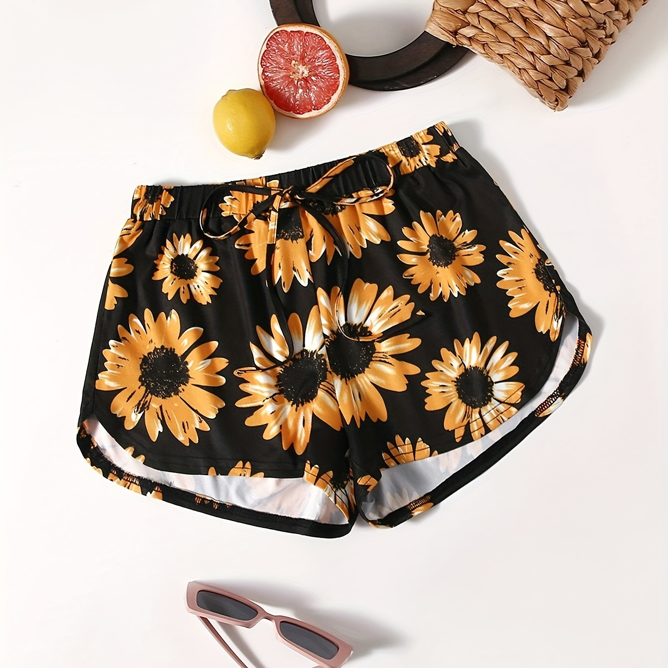 

Sunflower Print Drawstring Waist Shorts, Vacation Style Shorts For Summer, Women's Clothing