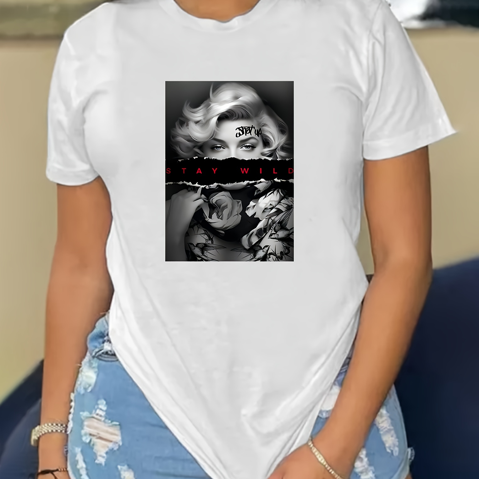 

Figure Print T-shirt, Short Sleeve Crew Neck Casual Top For Summer & Spring, Women's Clothing