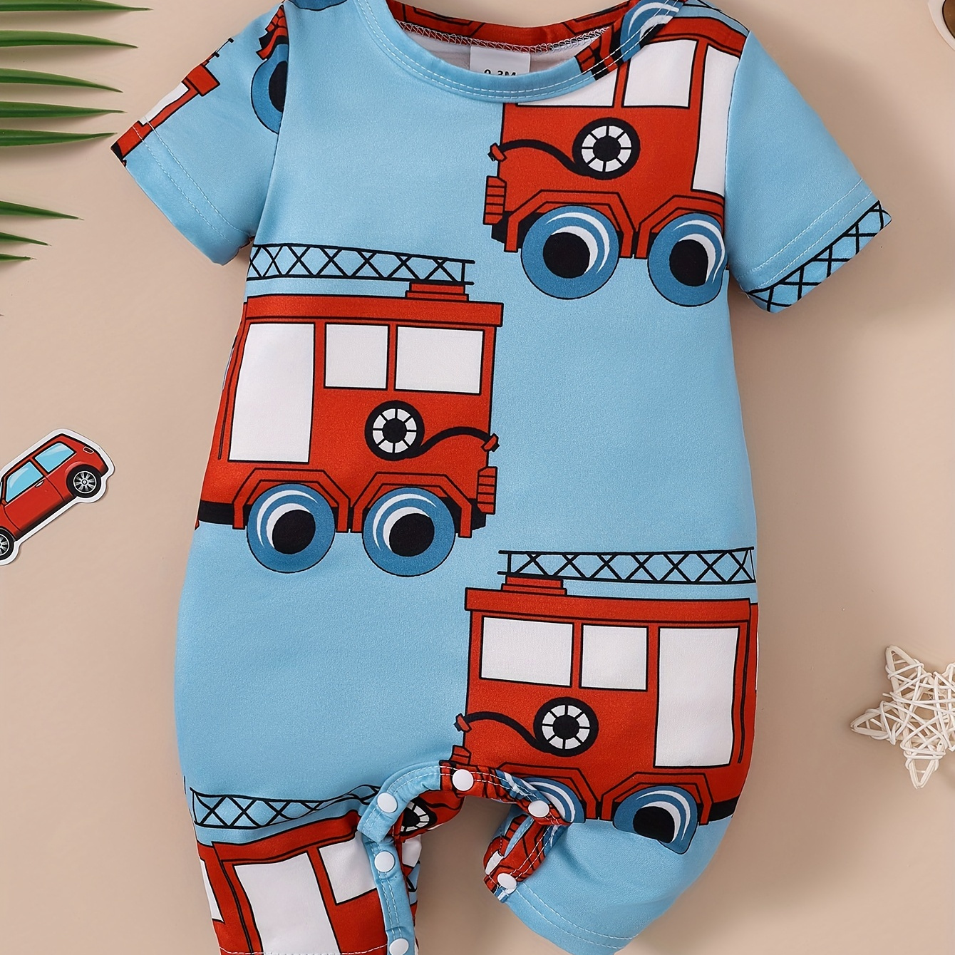 

Infant's Cartoon Fire Truck All-over Print Bodysuit, Casual Short Sleeve Romper, Baby Boy's Clothing