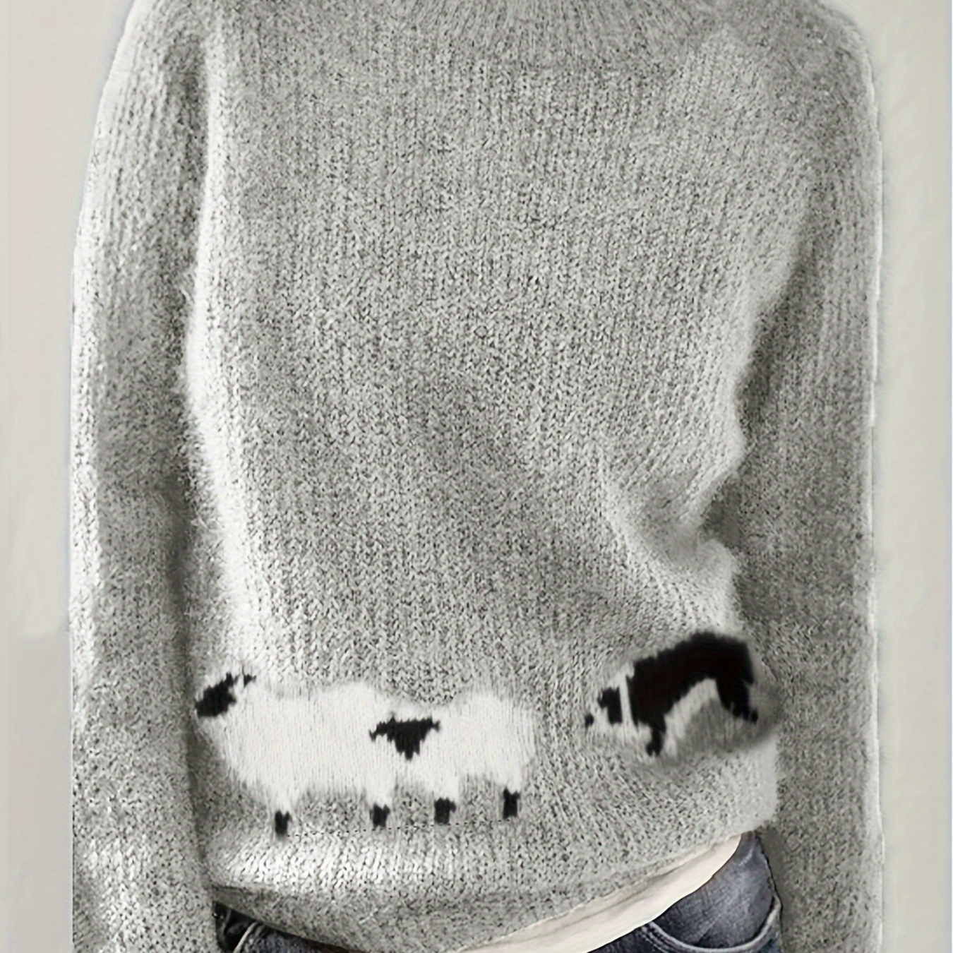 

Sheep & Shepherd Pattern Crew Neck Pullover Sweater, Elegant Long Sleeve Sweater For Fall & Winter, Women's Clothing