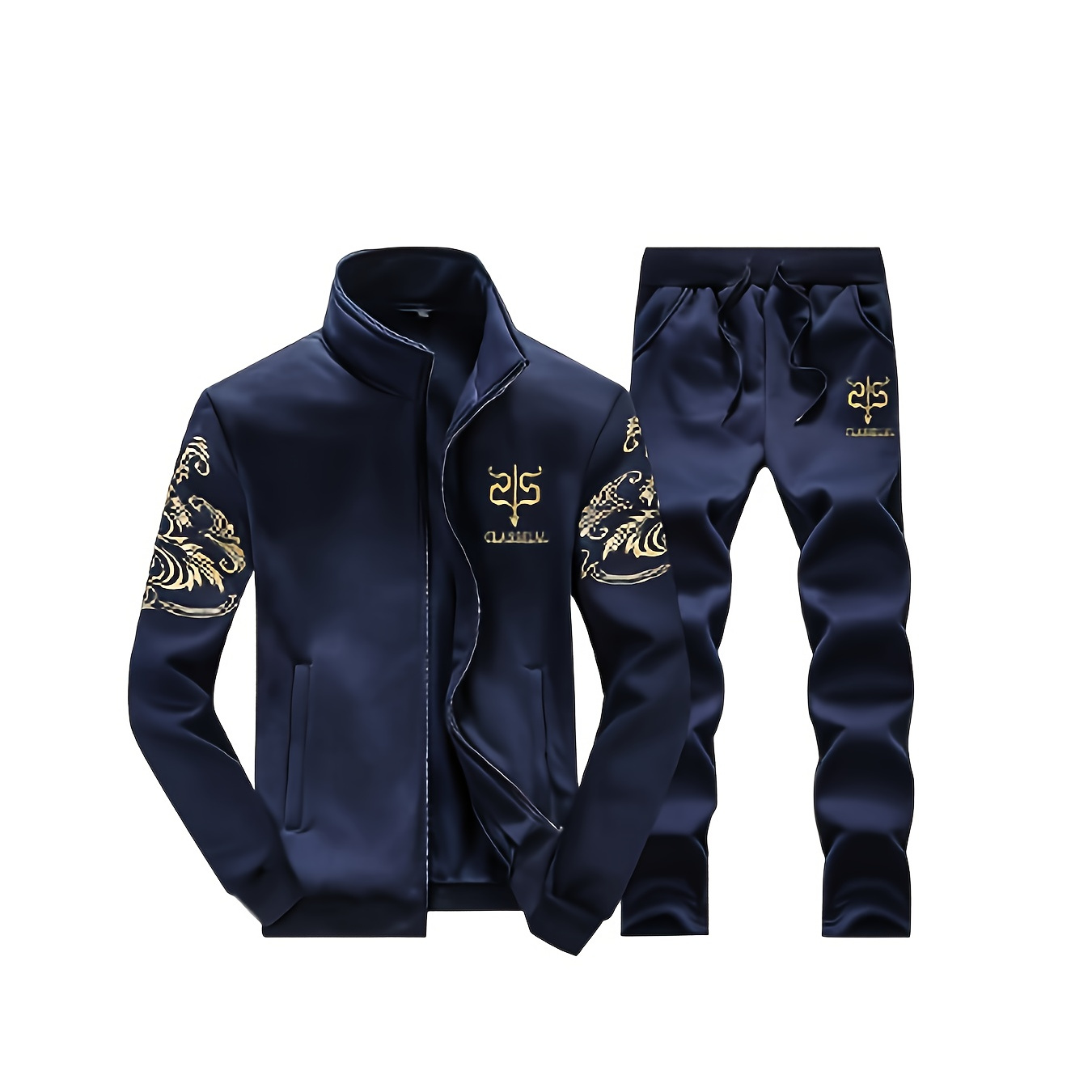 

Men's Athletic Tracksuit Set - 100% Polyester, Long Sleeve Zip-up Jacket & Joggers With Geometric Embroidery, Running & Baseball