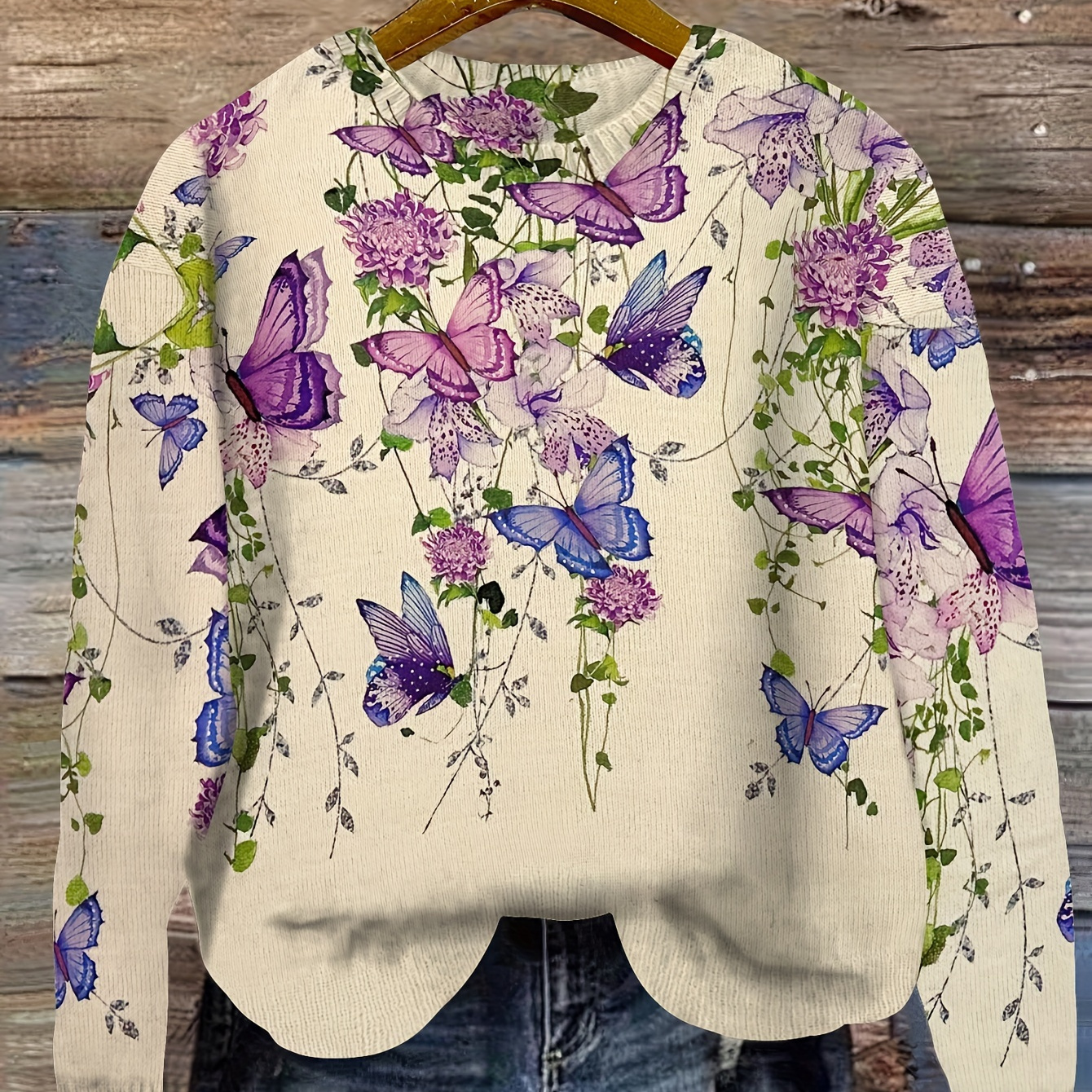 

Butterfly Pattern Crew Neck Sweater, Casual Long Sleeve Sweater For Fall & Winter, Women's Clothing