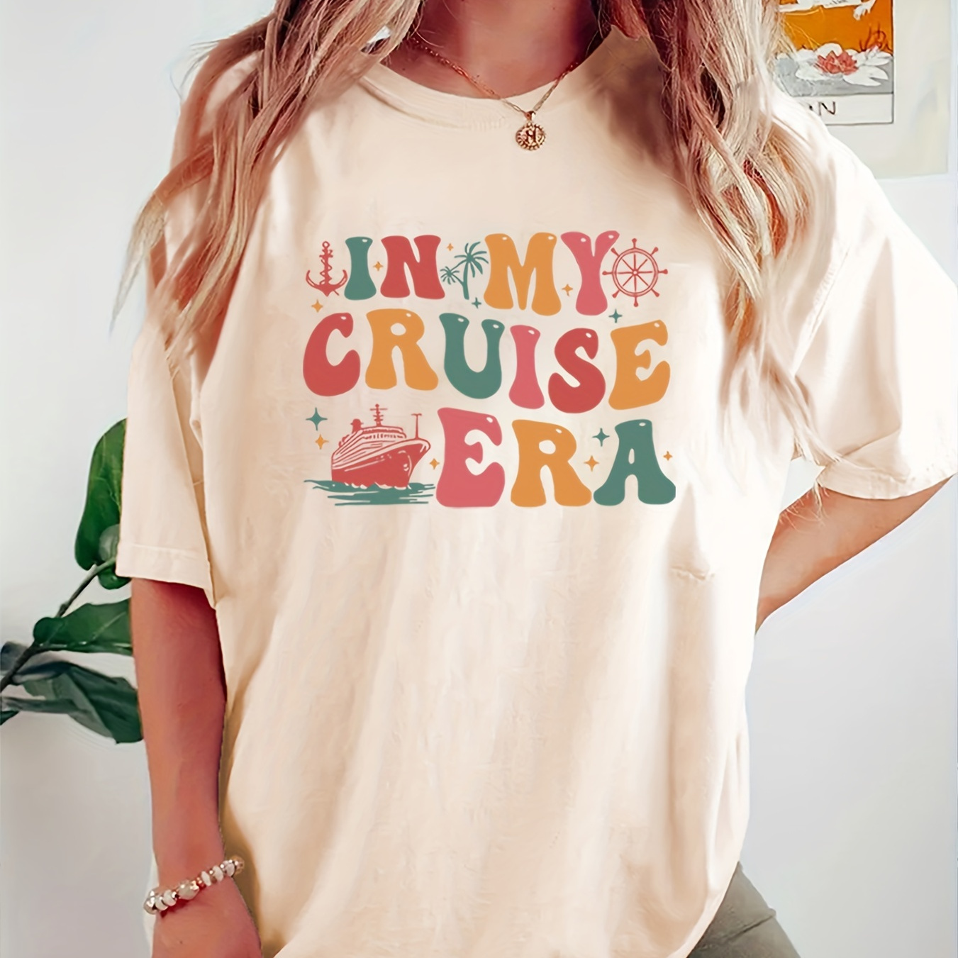 

Women's Casual Crew Neck T-shirt With "in My Cruise Era" Print, 100% Polyester Knit Fabric, Alphabet Pattern, Regular Length, All-season Top