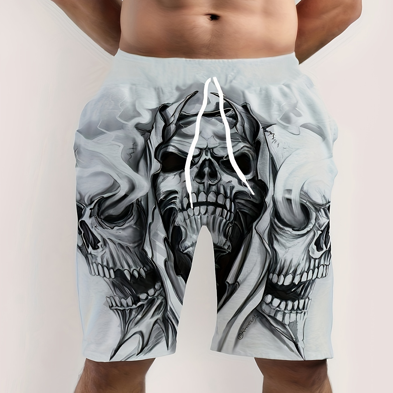 

Men's Retro Style Skull Illustration Pattern Sports Shorts With Drawstring And Pockets, Stylish And Cool Shorts For Summer Street And Sports Leisurewear