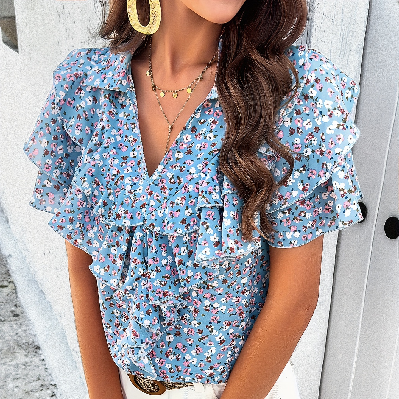 

Floral Print V Neck Blouse, Casual Ruffle Trim Short Sleeve Blouse For Spring & Summer, Women's Clothing