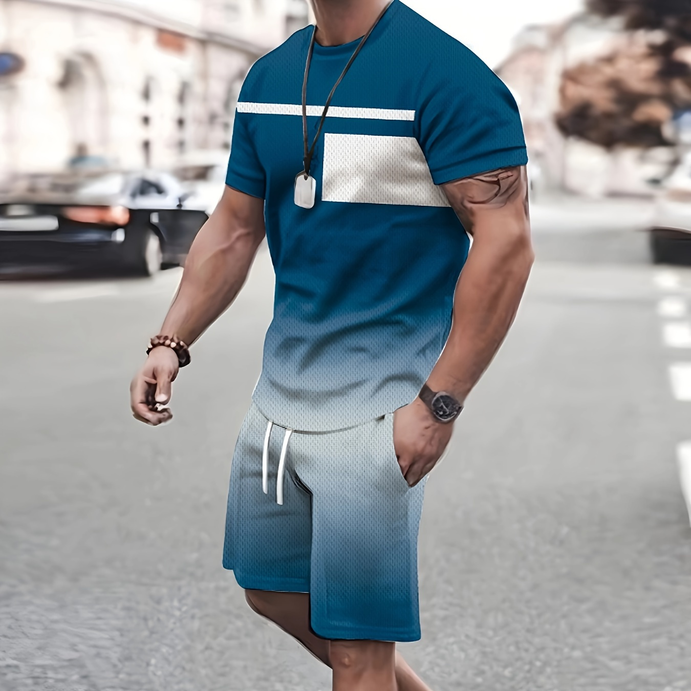 

Color Block 2pcs Trendy Outfits For Men, Casual Crew Neck Short Sleeve T-shirt And Shorts Set For Summer, Men's Clothing Vacation Workout