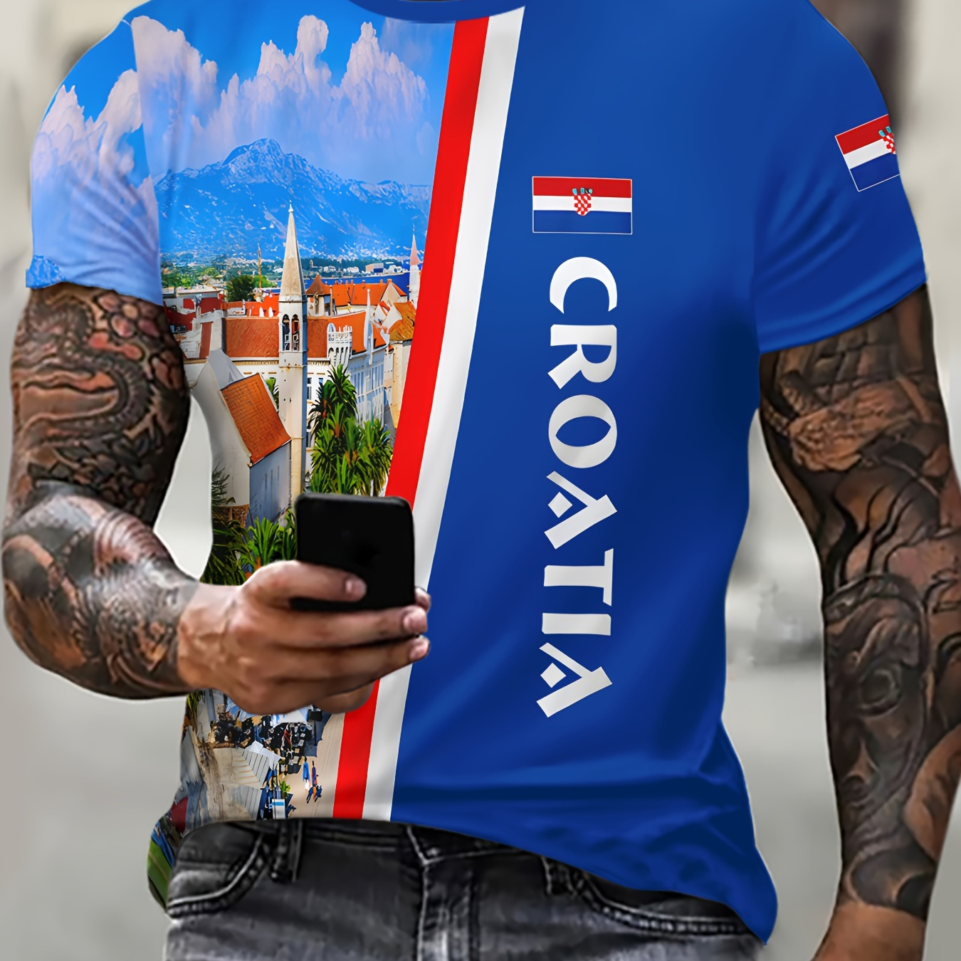 

Men's Novelty 3d Croatia City Scenery Print T-shirt, Casual Fashion Tee, Street Style Short Sleeve Crew Neck Shirt