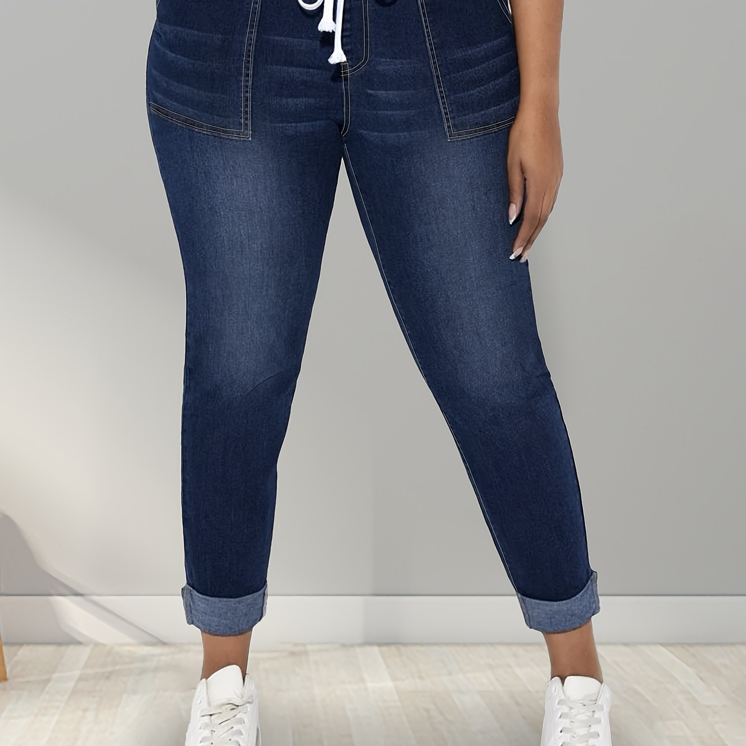 

Pantalon en jean skinny décontracté pour femmes, grande taille, avec taille à cordon de serrage, poches fendues, haute élasticité et ourlet roulé.