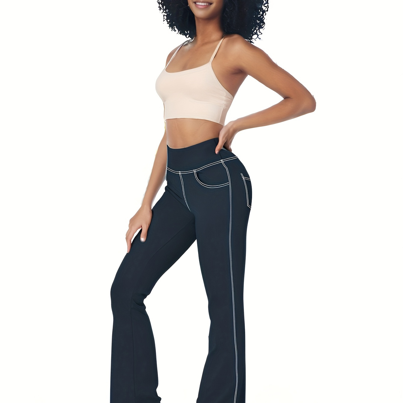 

Women' Plus Size High-waisted Flare Leg Pants, Polyester 90% Spandex 10% Stretchy Knit Fabric, Solid Color Spring Casual Workout Yoga Bell Bottoms