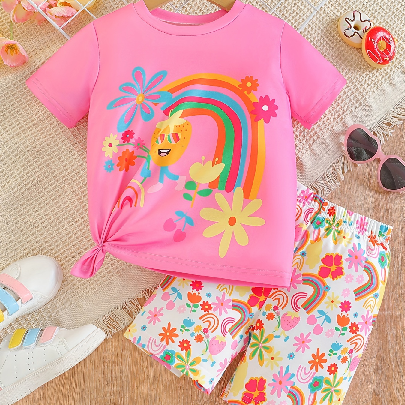 

Girl's 2pcs, T-shirt & Shorts Set, Cartoon Sunglasses Strawberry Print Short Sleeve Top, Graffiti Pattern Casual Outfits, Kids Clothes For Summer