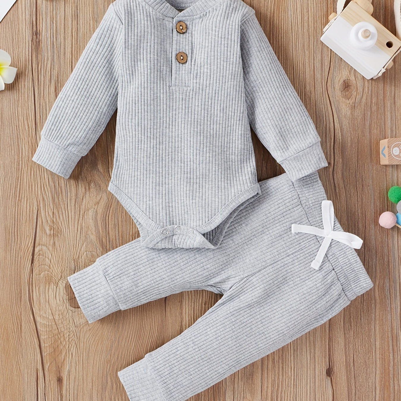 

2pcs Baby Infant Boys And Girls Casual Plain Color Long Sleeve Onesie & Pants Set Clothes For Your Little 1