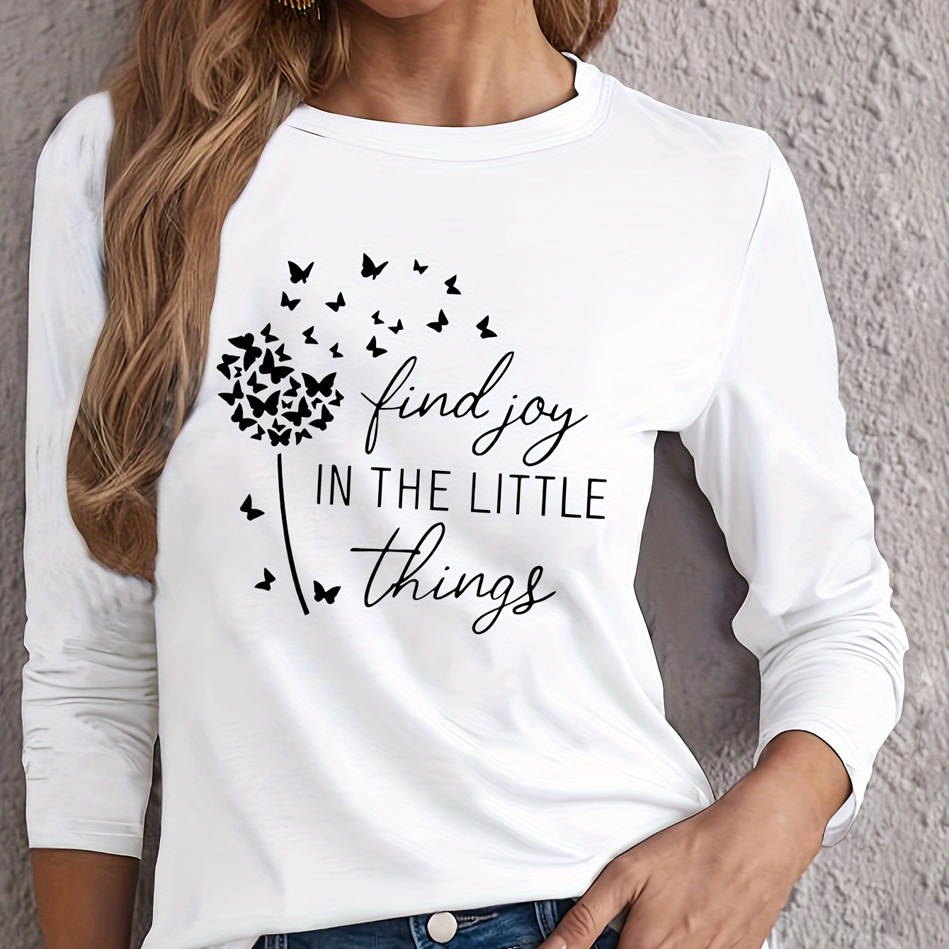 

Dandelion Print T-shirt, Long Sleeve Crew Neck Casual Top For Spring & Fall, Women's Clothing