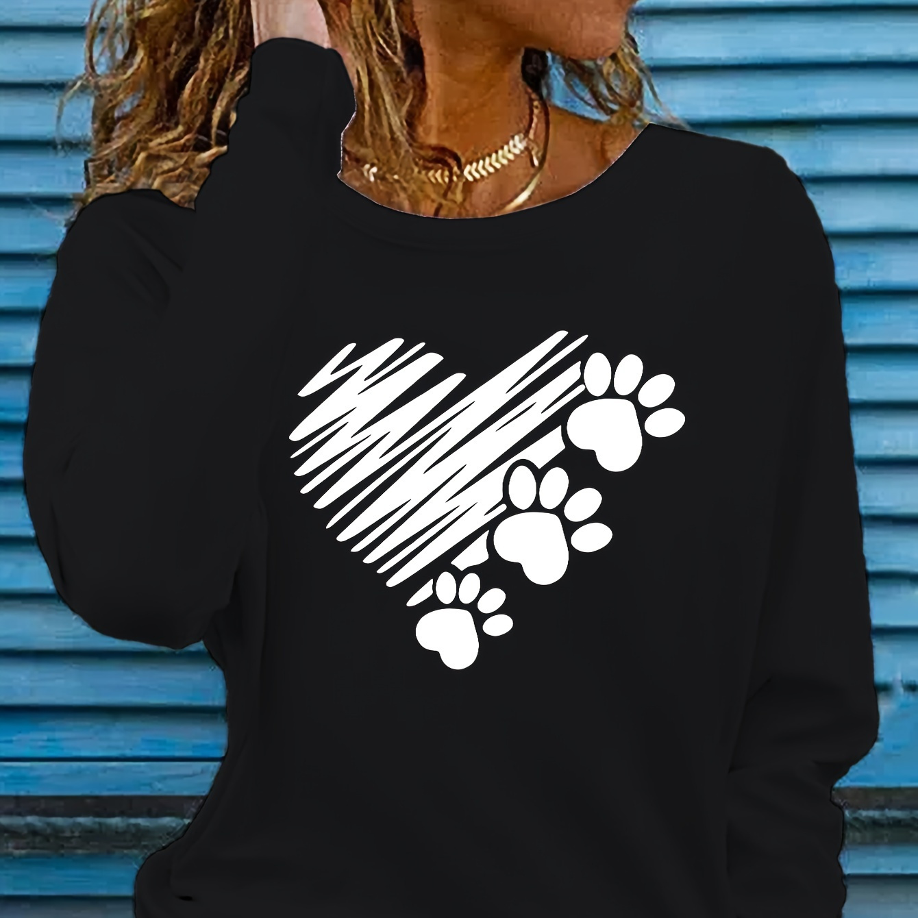 

& Paw Print Graphic Long Sleeve T-shirt - Cozy Polyester Crew Neck Top, Machine Washable, Ideal For Spring & Fall