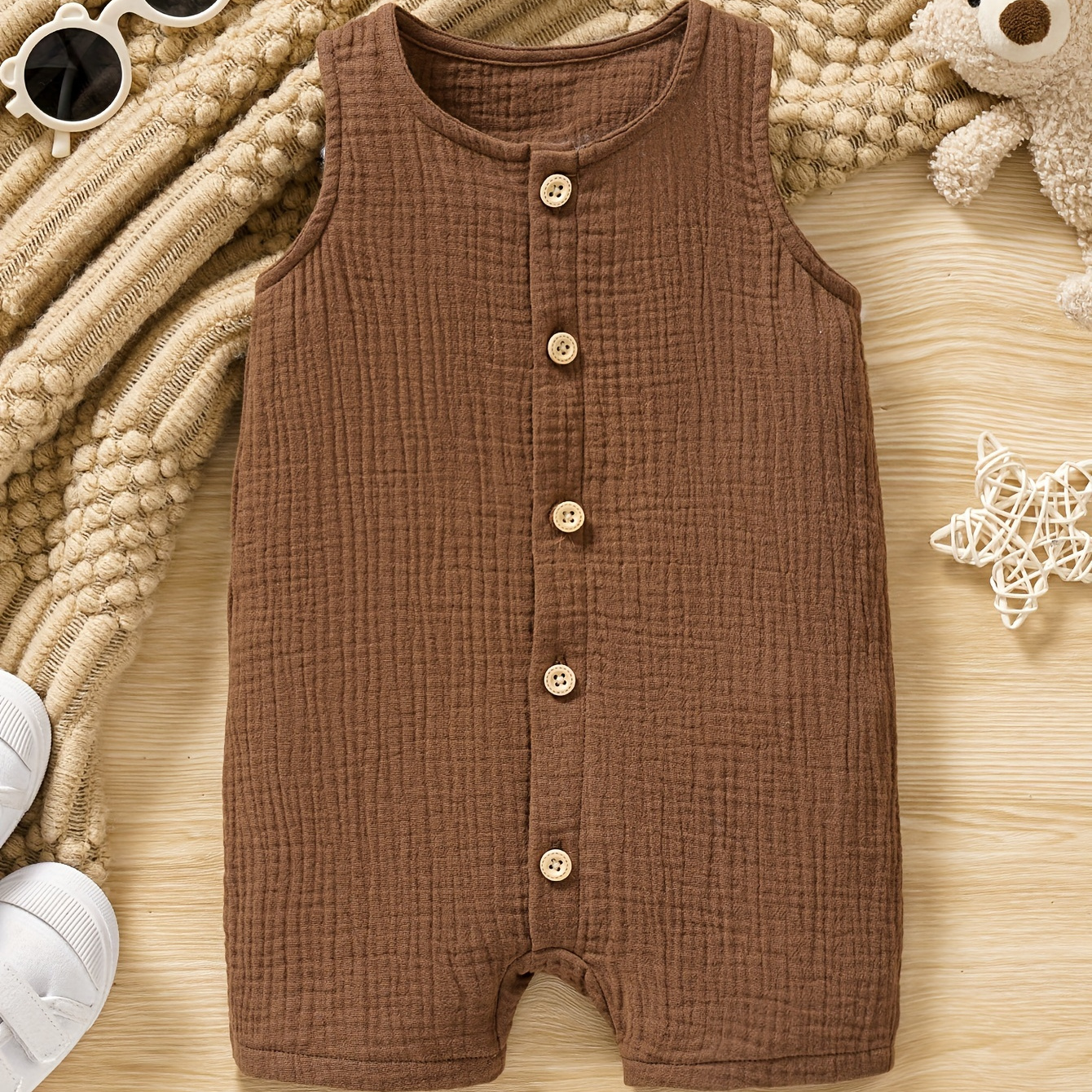 

Baby's Comfy Cotton Muslin Button Front Bodysuit, Casual Solid Color Sleeveless Romper, Toddler & Infant Boy's Clothing