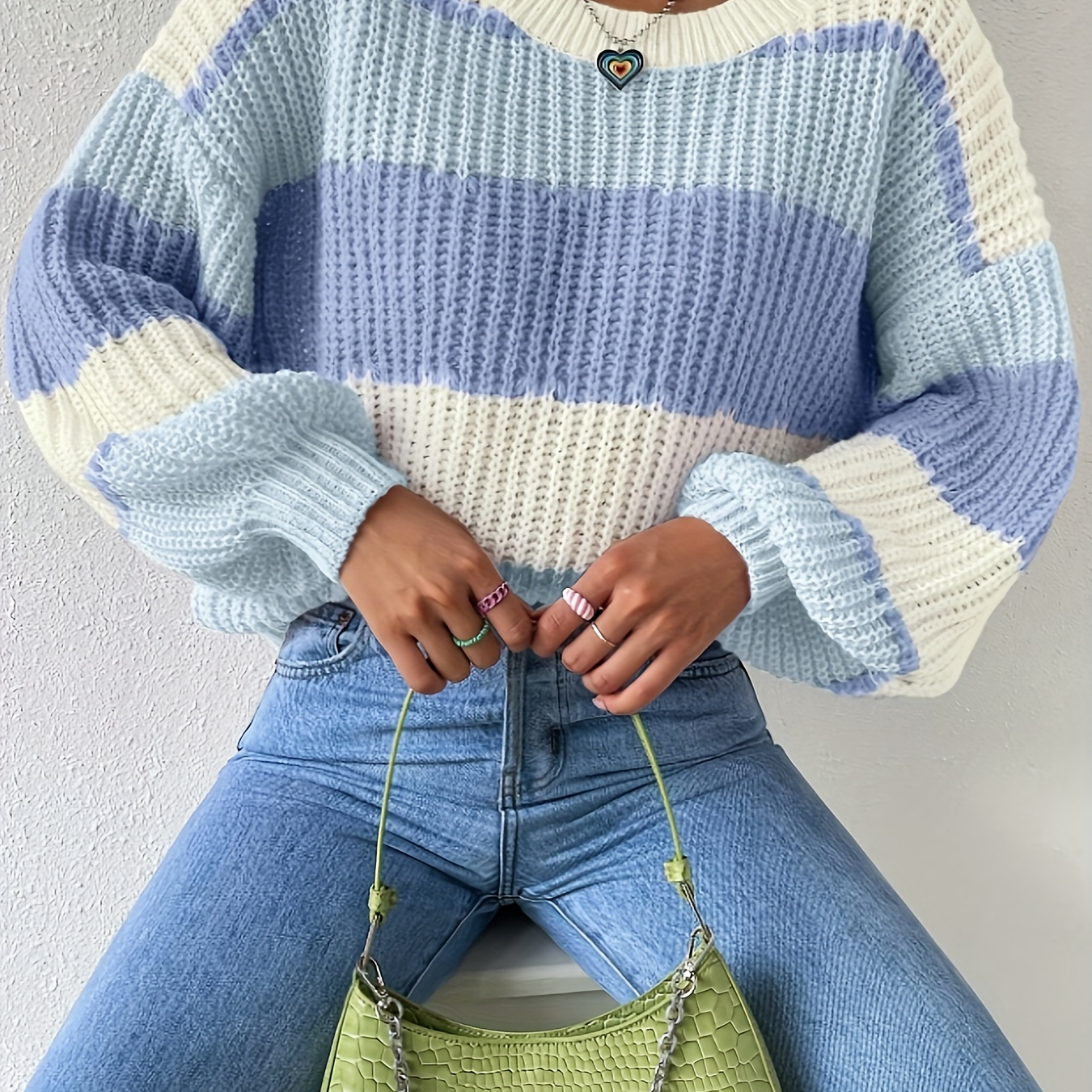 

Color Block Crew Neck Pullover Sweater, Elegant Drop Shoulder Lantern Sleeve Sweater, Women's Clothing