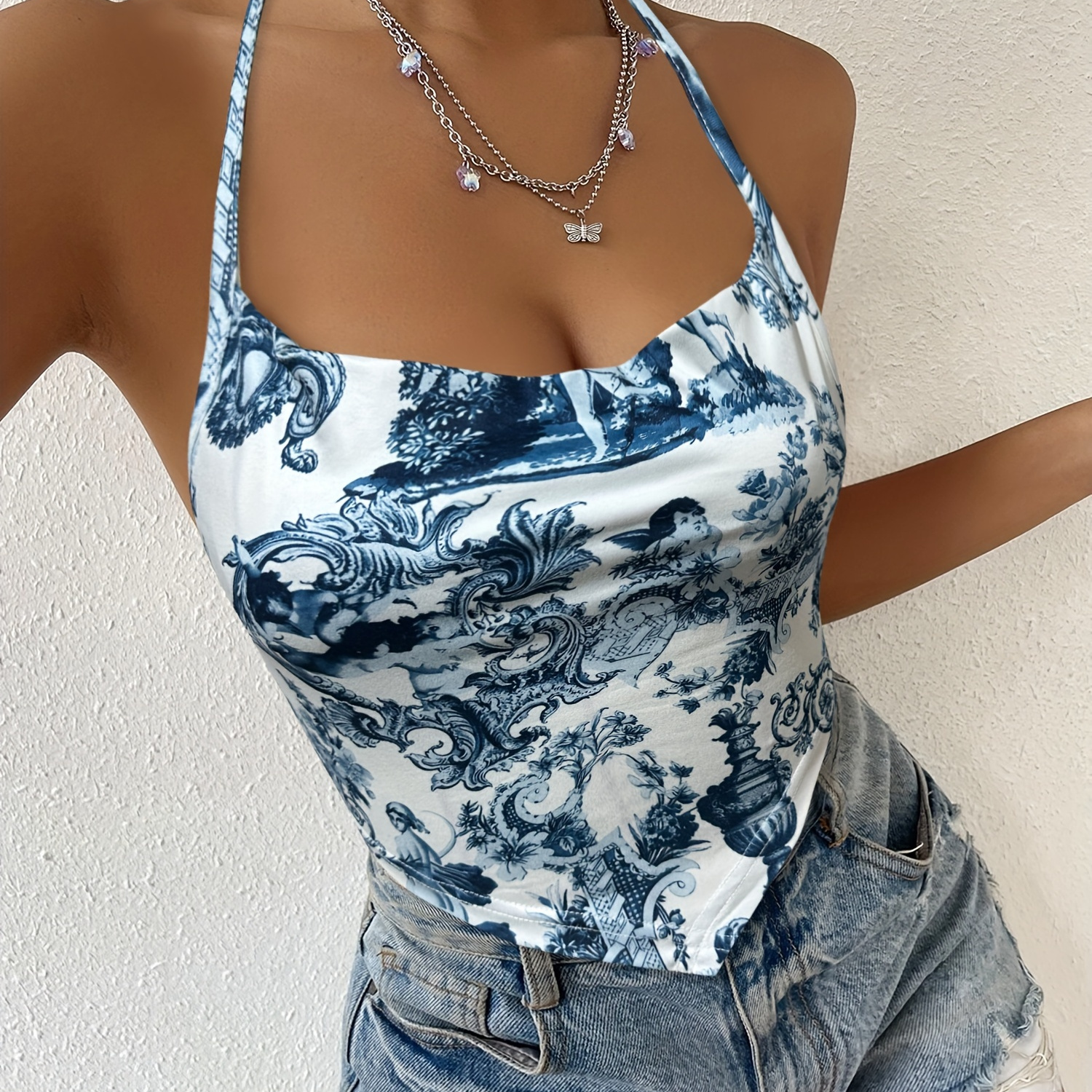 

Allover Print Halter Neck Top, Sexy Backless Hanky Hem Top For Summer, Women's Clothing