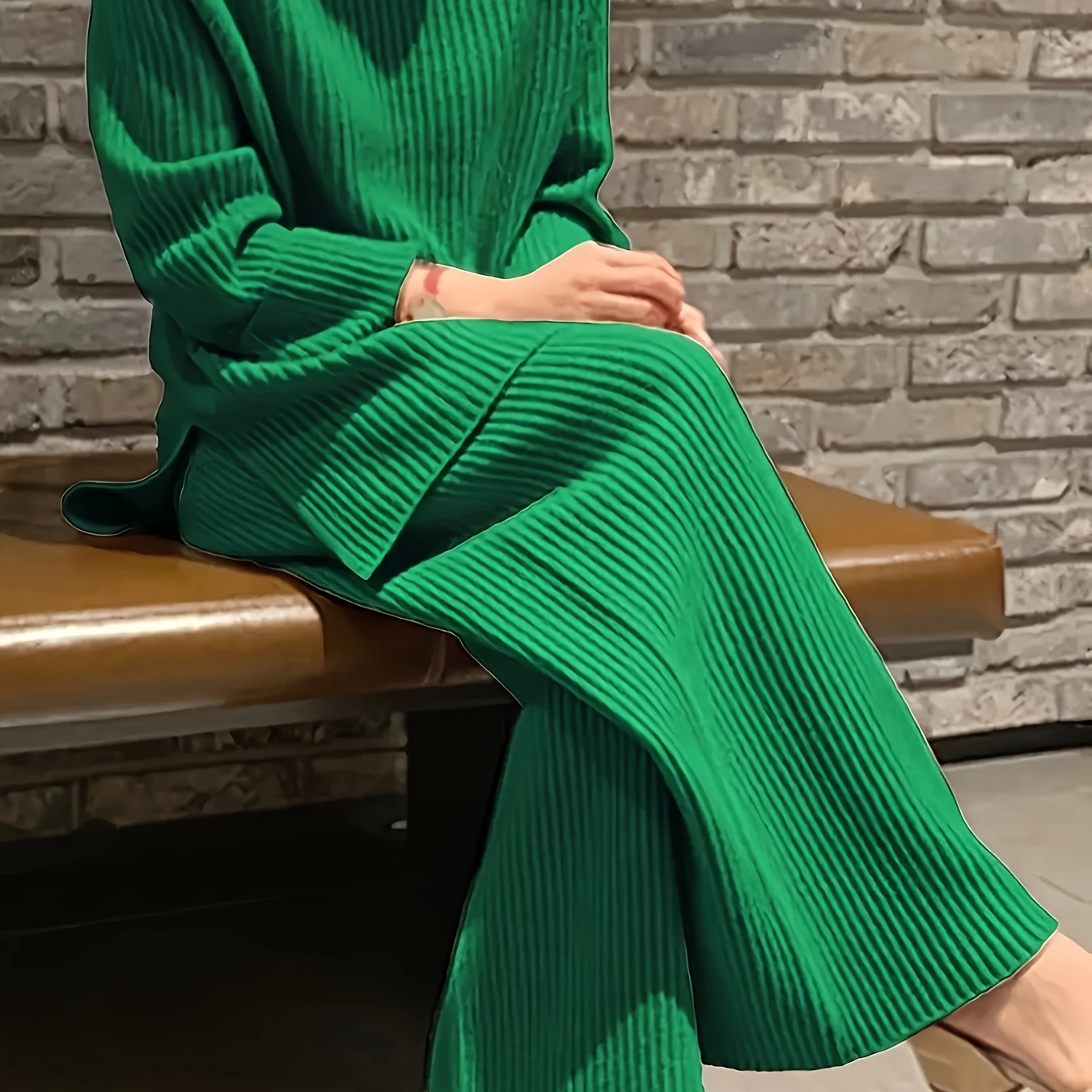 

Knitted Two- Set, Slit Long Sleeve Round And Pants Clothing Set, Women's Clothing