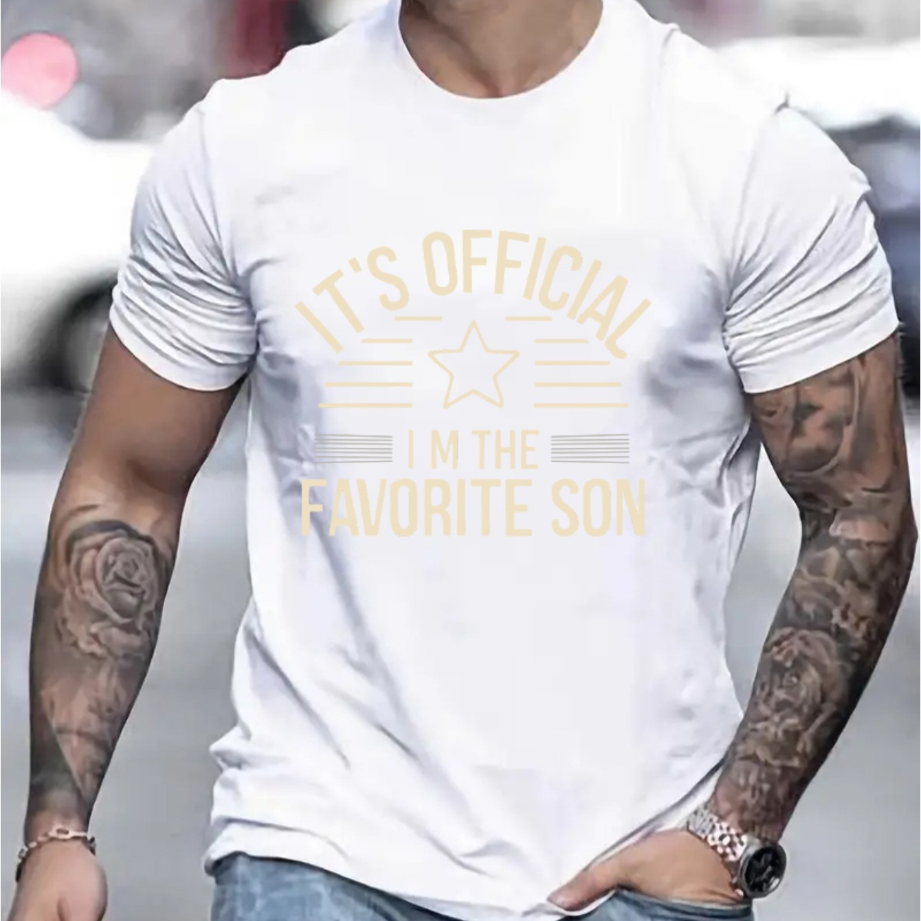 

It's Official I'm The Favorite Son And Star Graphic Print, Men's Novel Graphic Design T-shirt, Casual Comfy Tees For Summer, Men's Clothing Tops For Daily Activities