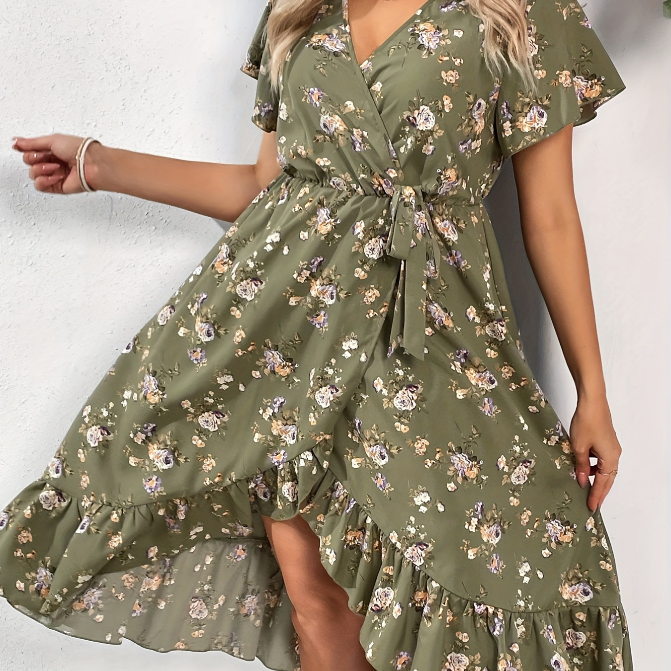 Plus Floral Print Knot Side Wrap Allover Dress