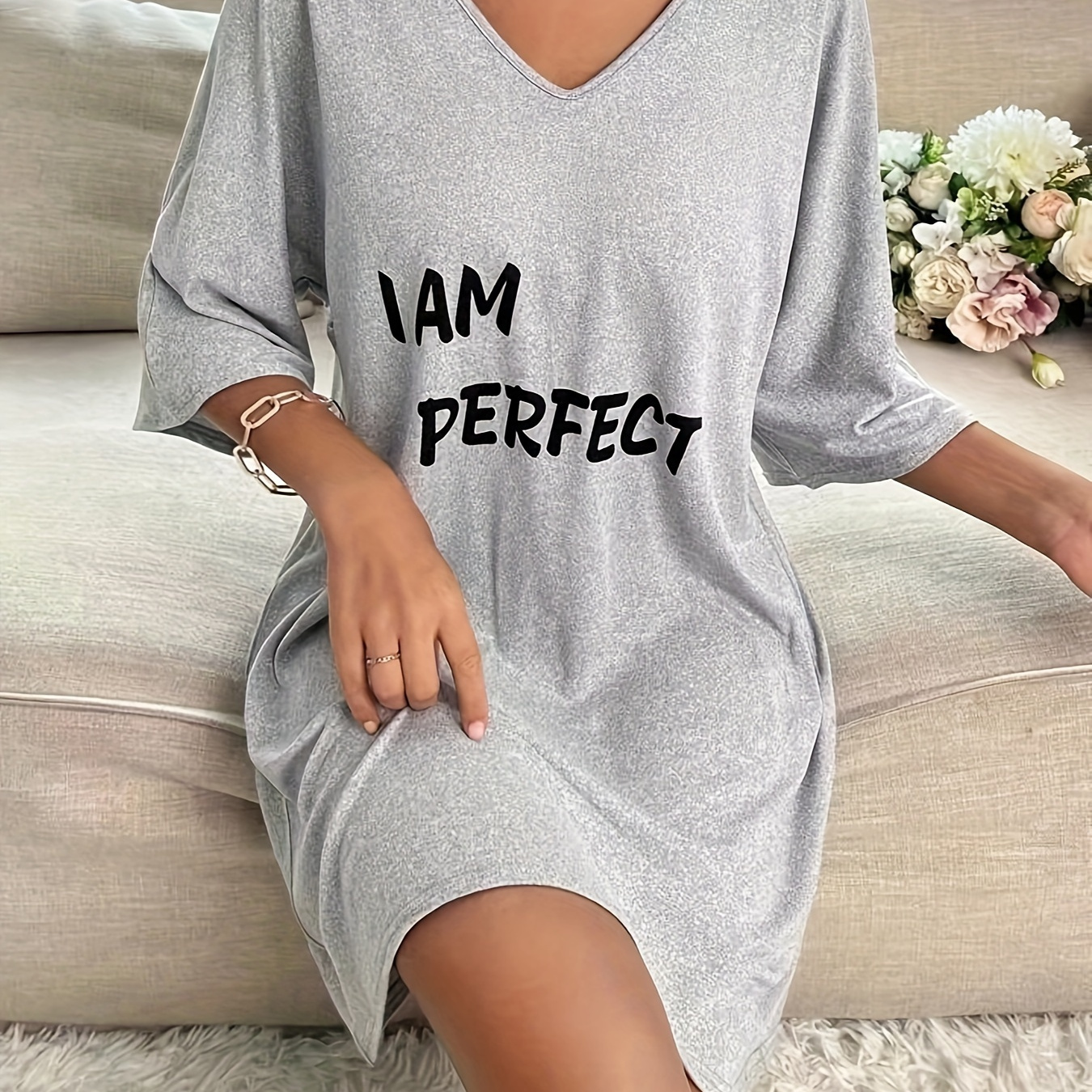 

Women's Slogan Print Casual Sleepwear Dress, Batwing Sleeve V Neck Loose Fit Tee Dress, Comfortable Nightgown - Perfect For Fall