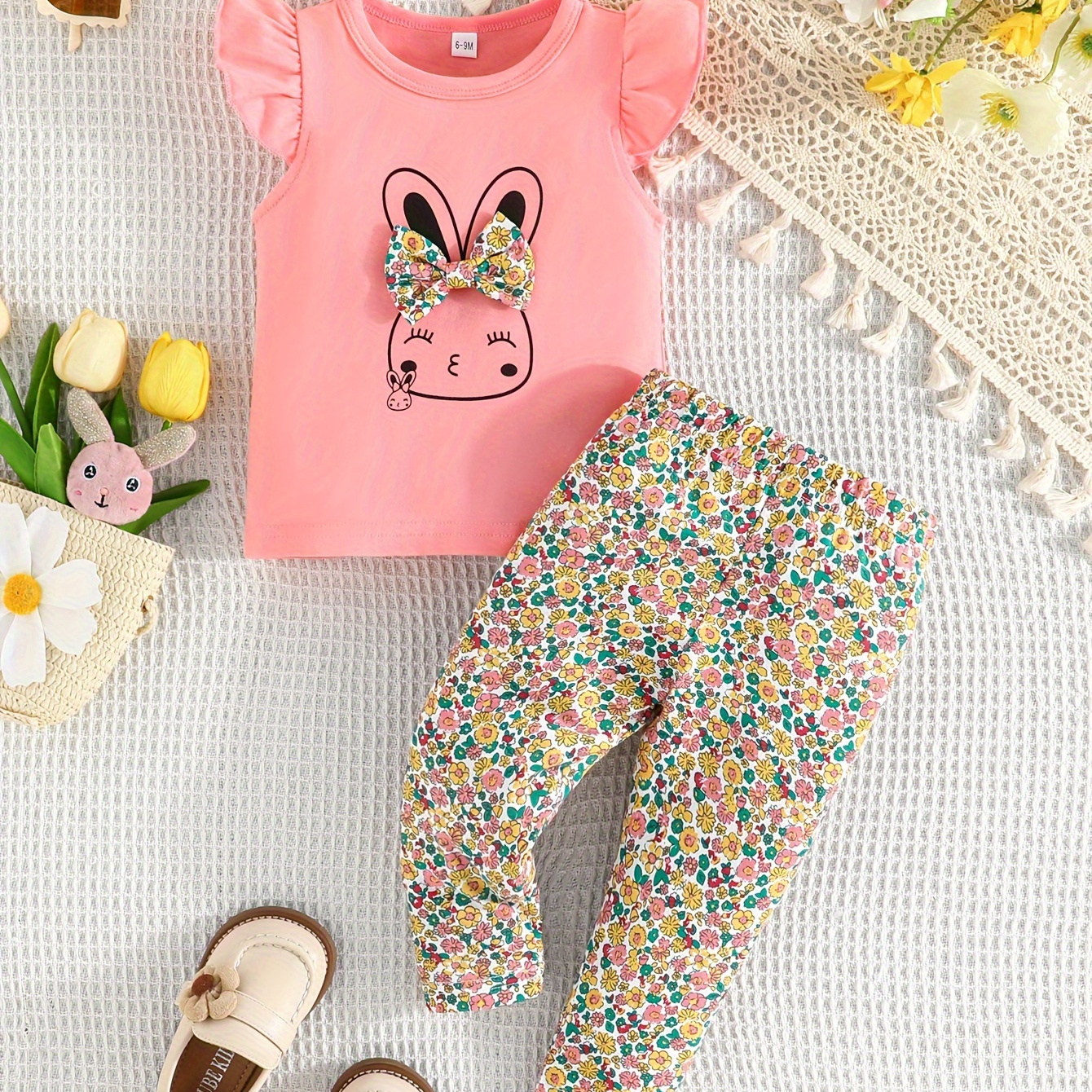 

Baby Toddler Girls Rabbit Print Ruffle Cuff Crew Neck Top + Full Floral Print Pants Casual Cute Style 2pcs Outfits