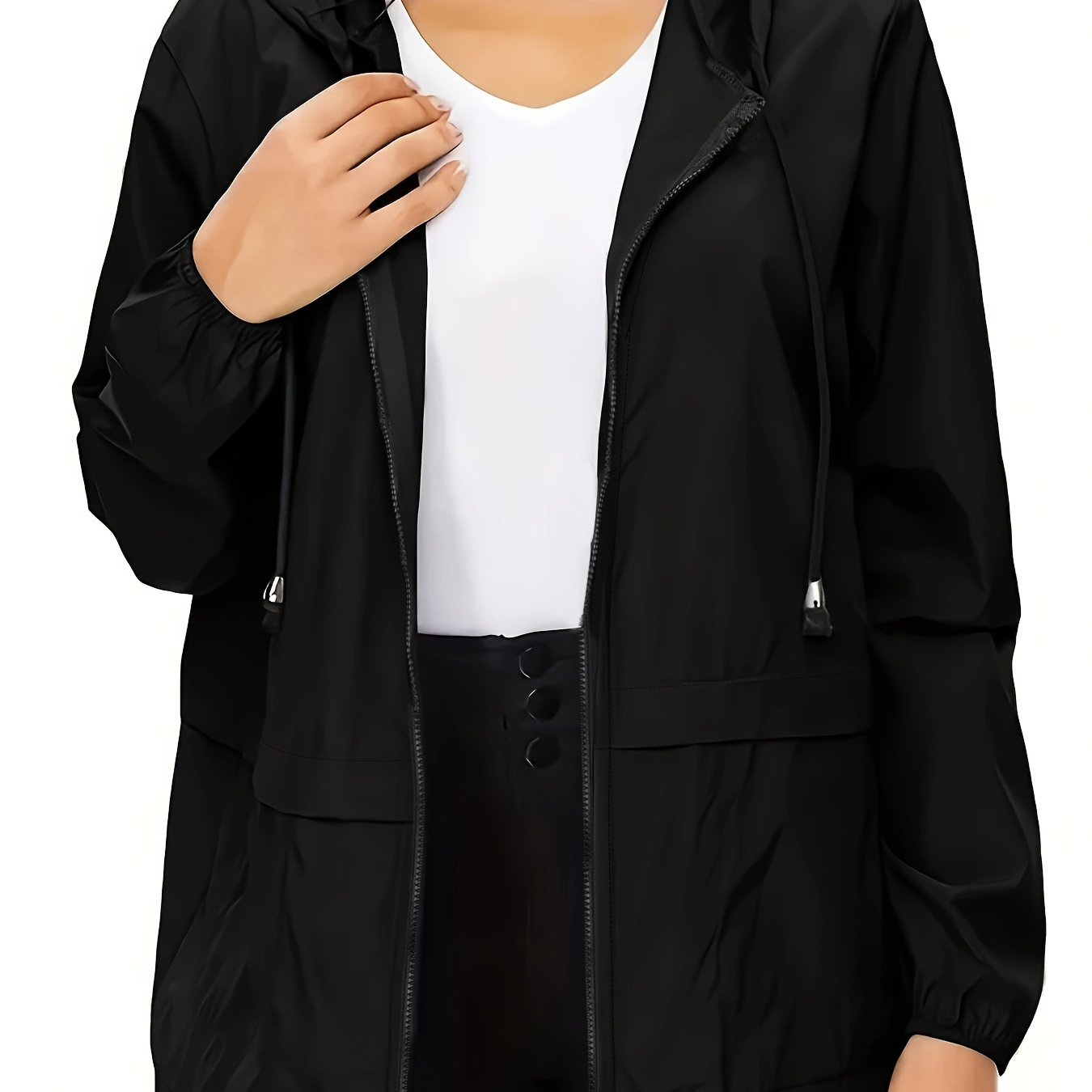 

Plus Size Zipped Drawstring Hooded Jacket, Casual Long Sleeve Solid Color Jacket For Spring & Fall, Women's Plus Size Clothing