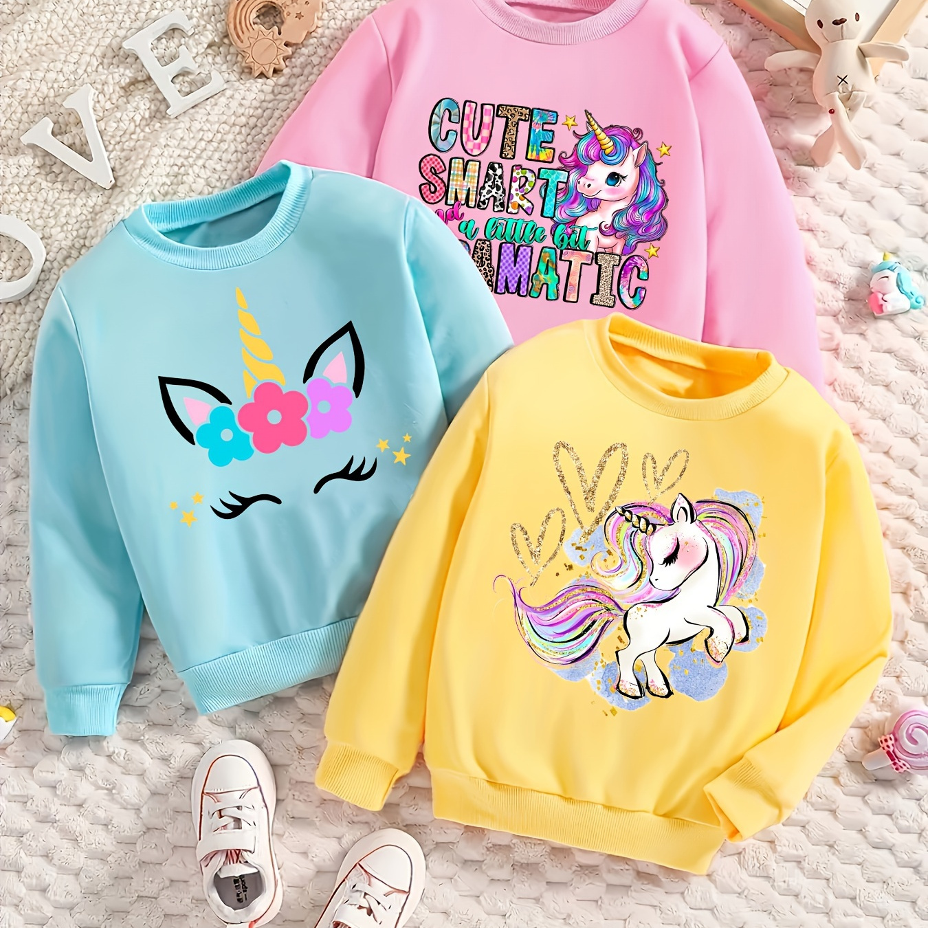 

Milkyship Girls' 3pcs Unicorn Print Sweatshirt Set - Casual Long Sleeve Pullovers For Fall/winter, Lightweight & Comfy