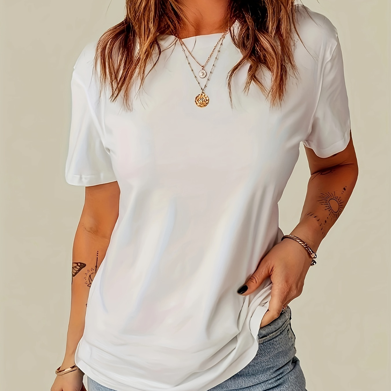 

Solid Short Sleeve T-shirt, Crew Neck Casual Top For Summer & Spring, Women's Clothing