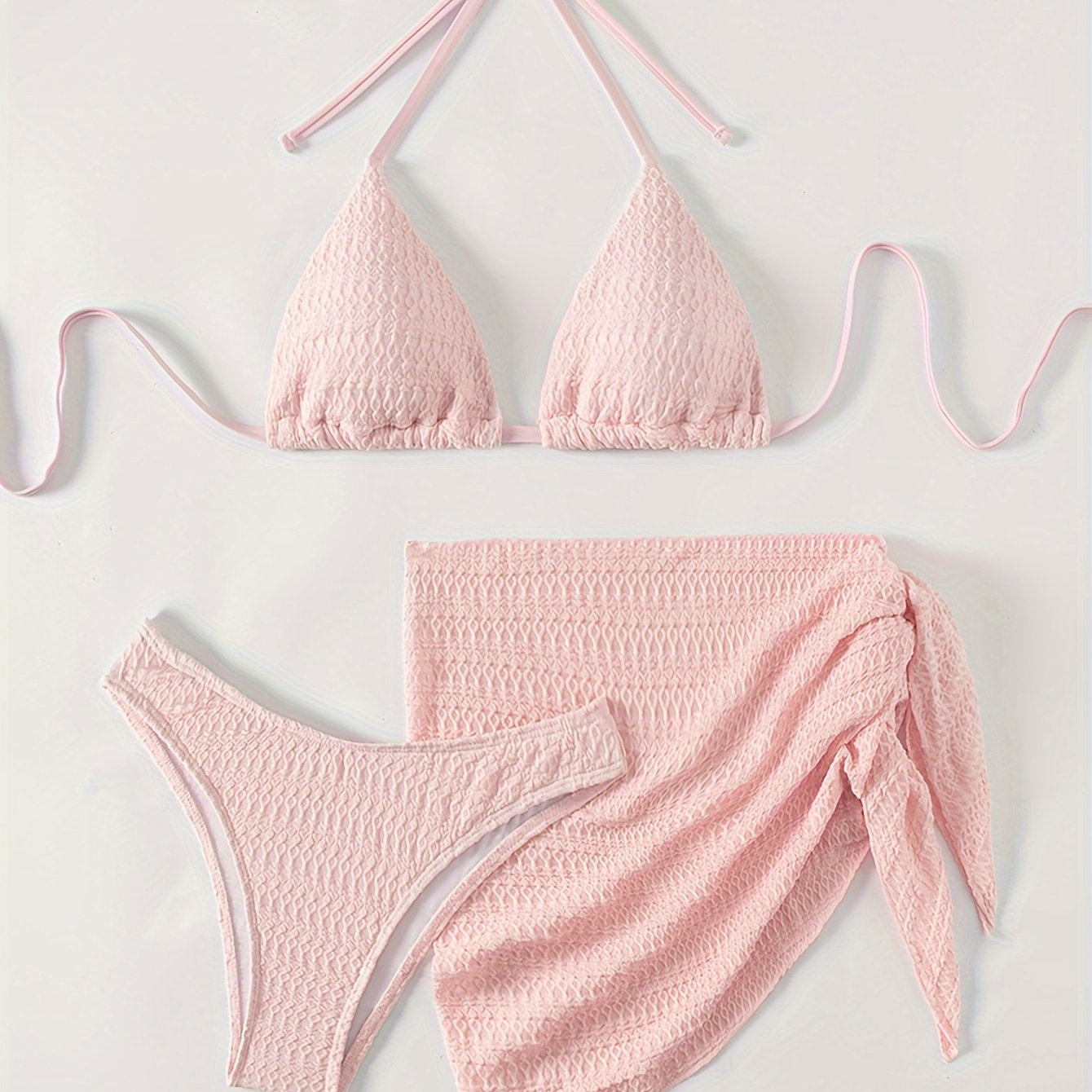 

Women's Solid Color Halter Neck Tie Sexy Bikini Set, 3-piece Swimsuit With High Cut Bottoms
