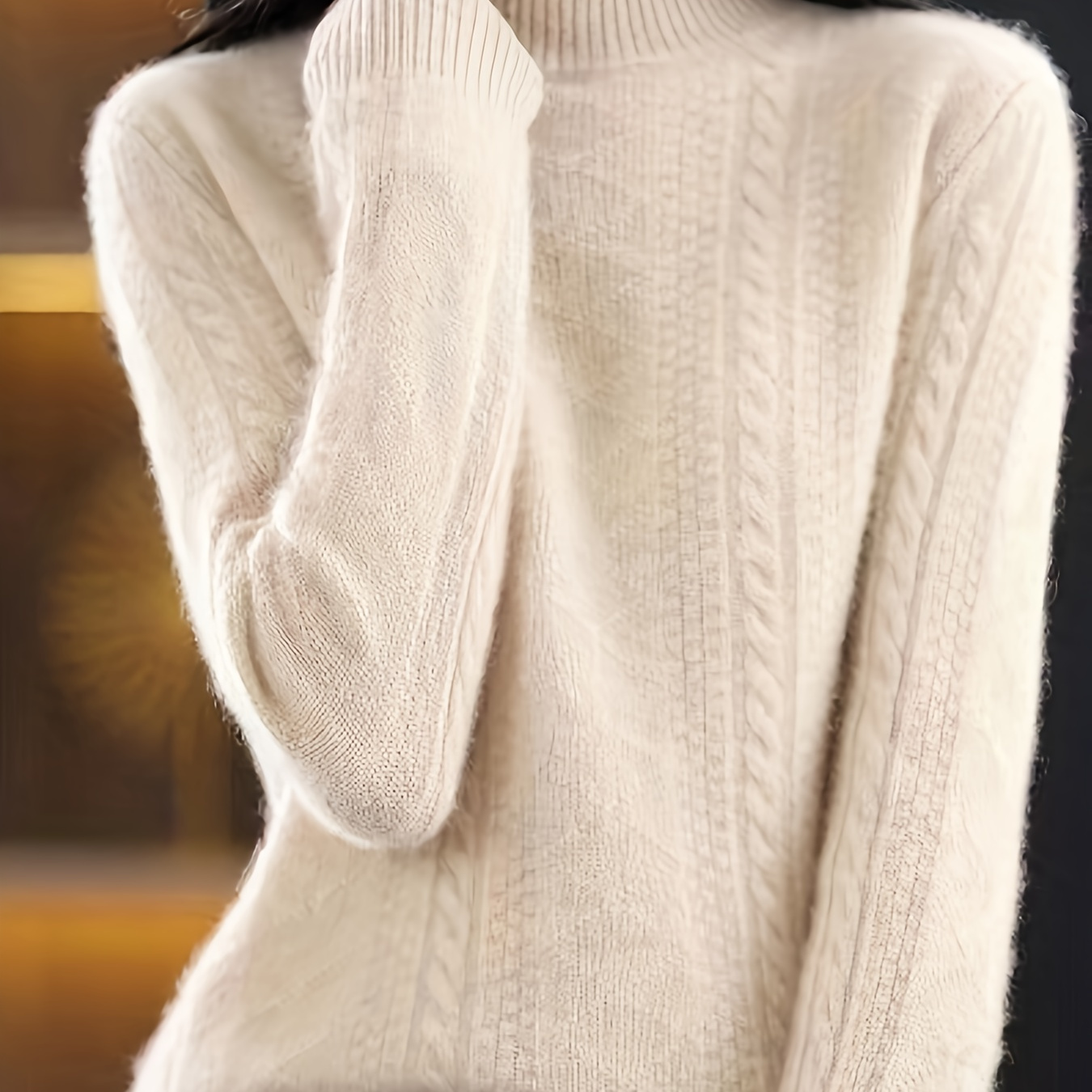 

Women's Elegant Knit Sweater, Solid Color Cable-knit, Turtleneck, Stretchy Fabric, Long Sleeve, Regular Fit, Autumn/, Casual Wear