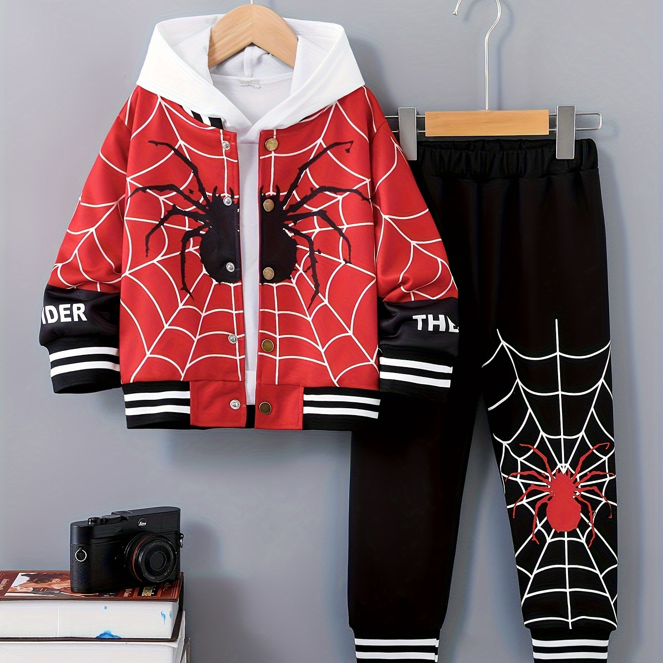 

2-piece Boys Casual Co Ord Set, Spider Print Long Sleeve Splicing Baseball Jacket And Jogger Pants, Comfy Spring Fall Clothes