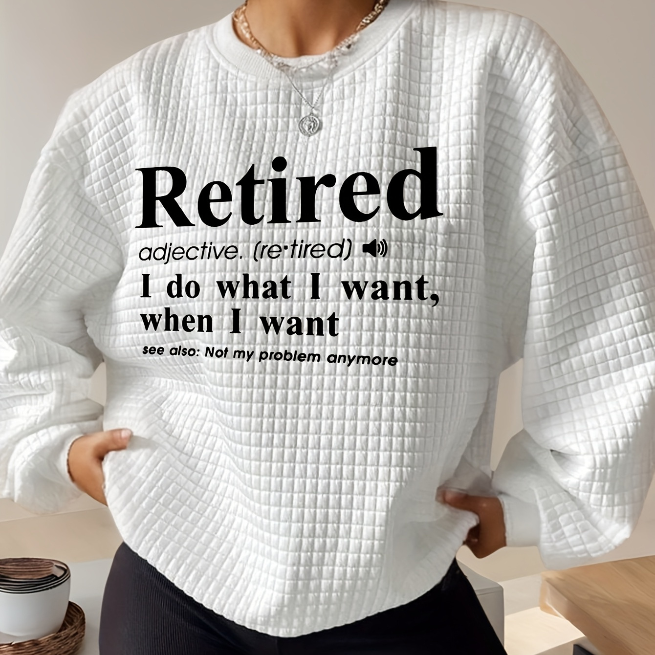 

Women's Casual Waffle Knit Sweatshirt With "retired" Letter Print - Long Sleeve Crew Neck, Cozy Polyester , Machine Washable For Fall/winter, Winter Apparel||waffle Knit Texture