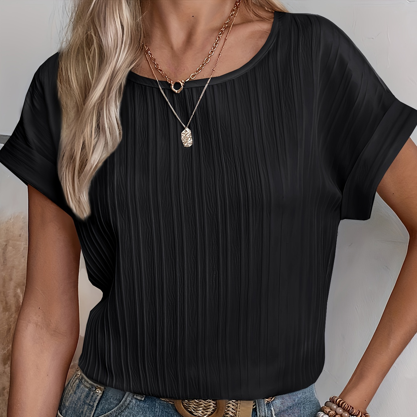 

Solid Color Bat Sleeve Shirt, Women's Summer Casual Round Neck Flap Sleeve Top, Women's Clothing