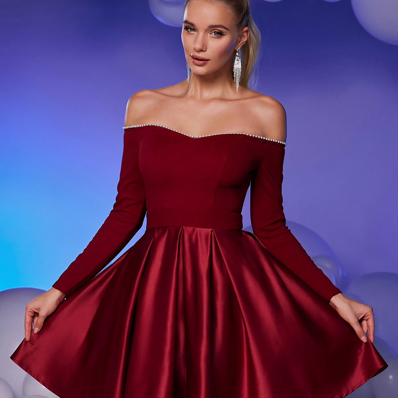 

Elegant Off-shoulder Red Dress, Polyester 100% Long Sleeve Tent Dress, Solid Color Ball Gown, Regular Fit For Adult Women, Woven Fabric With 140g/m² , 170g/m² Weight