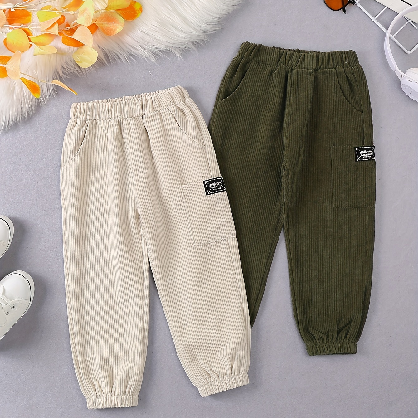 

2-pack Boys Corduroy Pants With Elastic Waist, Outdoor Casual Sports Trousers For Spring/autumn, Unique Pocket Design, Gift-ready
